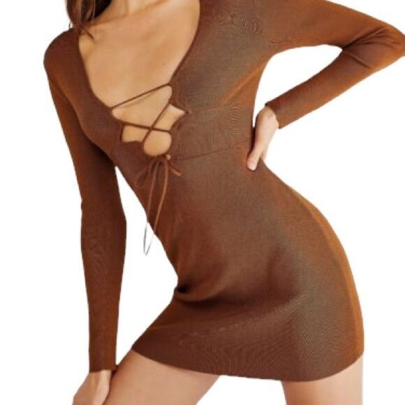 Free People Significant Other Monica Knit Dress in Chocolate Size 6 NWT - Picture 3 of 13